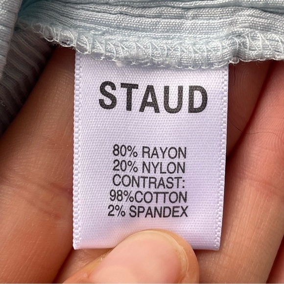 STAUD Bernard Textured Light Blue High Rise Wide Flare Leg Pants 6, S/M Waist 28 - Picture 10 of 13